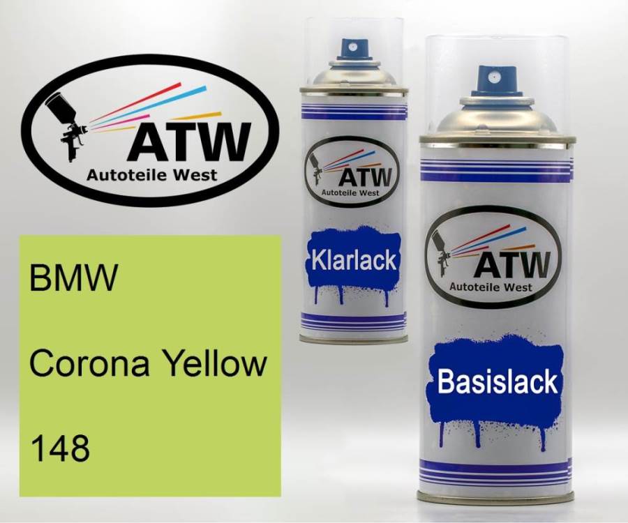 BMW, Corona Yellow, 148: 400ml Sprühdose + 400ml Klarlack - Set, von ATW Autoteile West.